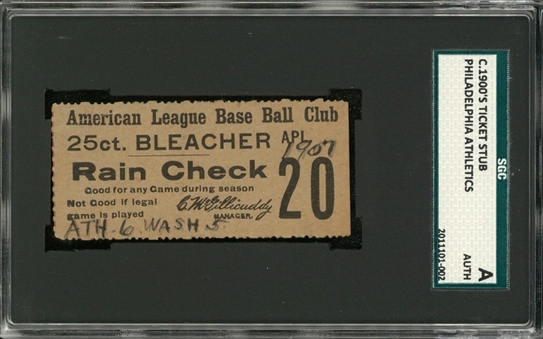 Circa 1900s Philadelphia Athletics Ticket Stub (SGC Auth)